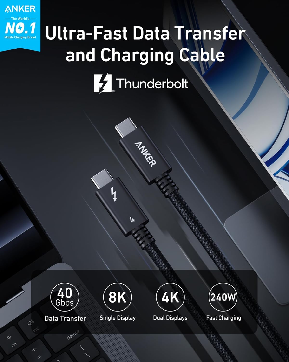 Anker Prime Thunderbolt 4 Cable USB C to USB C Cable, 240W , 40Gbps , Supports 8K/4K Displays