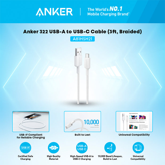 Anker 322  USB-A to USB-C 60W Braided Cable