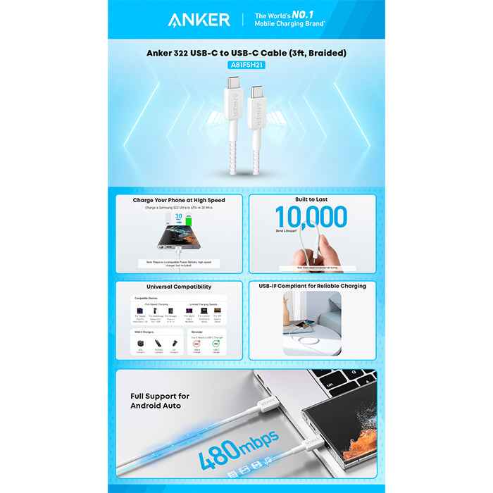 Anker 322  USB-A to USB-C 60W Braided Cable